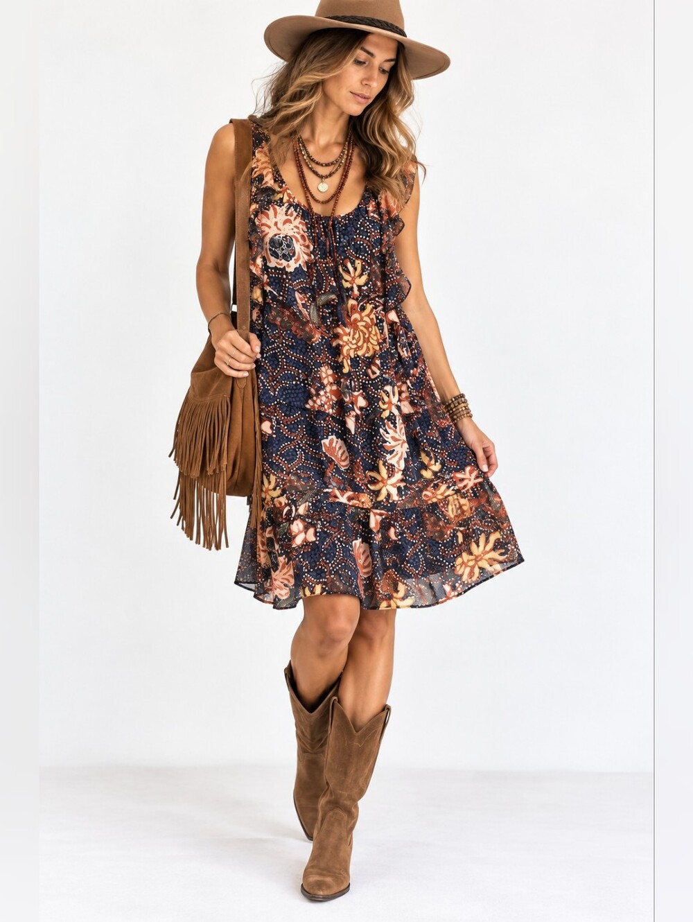 Madewell Dress Floral Navy Rust Sleeveless Tiered